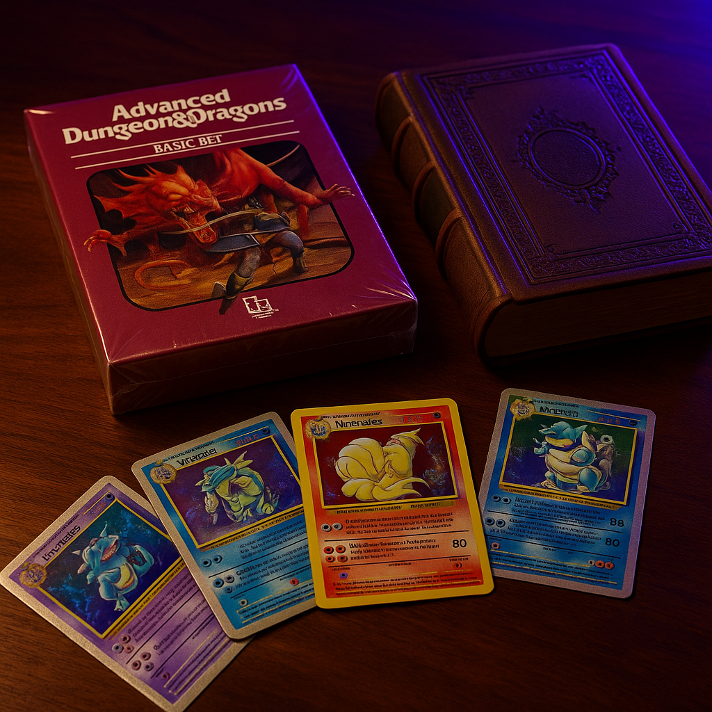 Collection of various collectibles including electronics, D&D sets, and cards